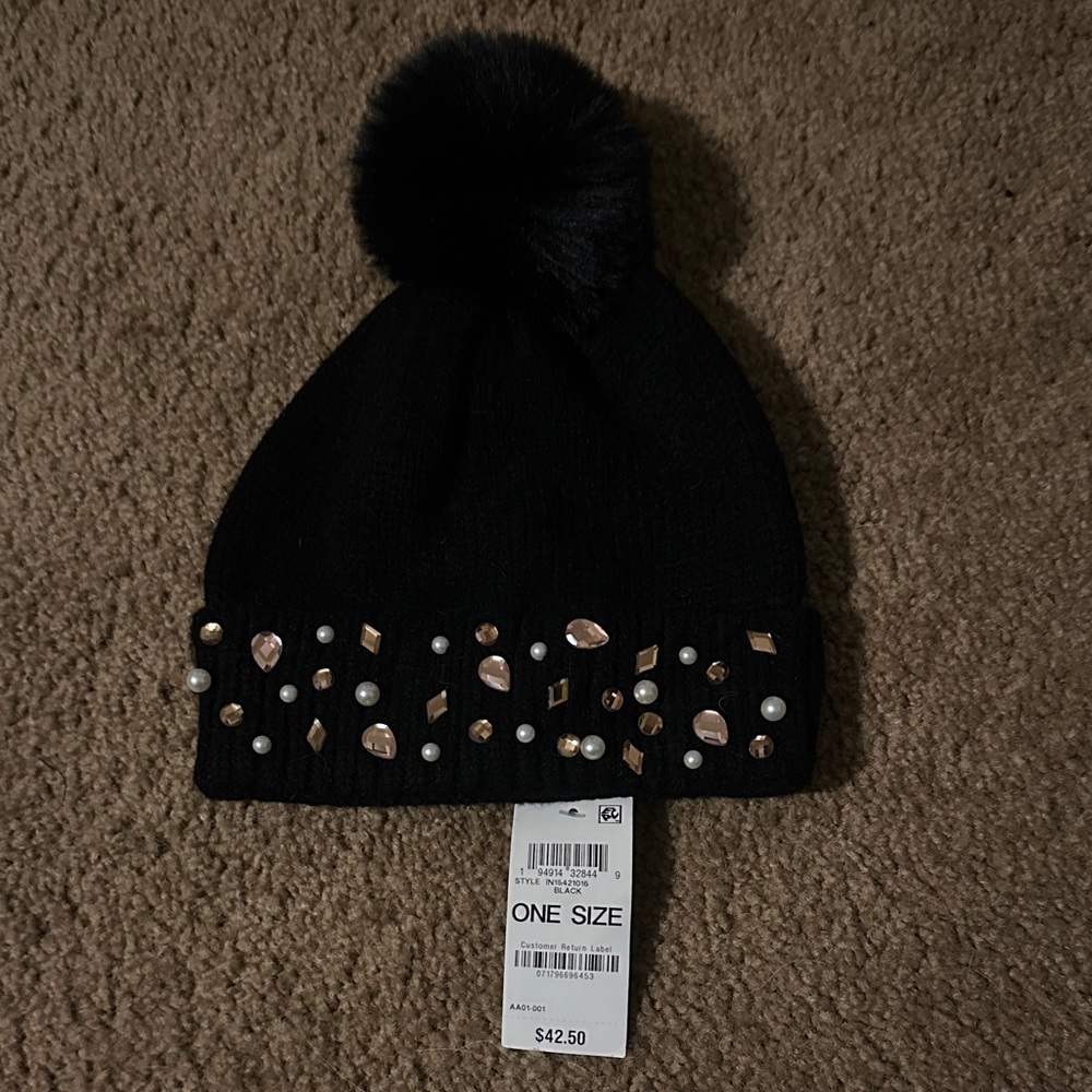INC International Concepts Black Beanie with Embellishments